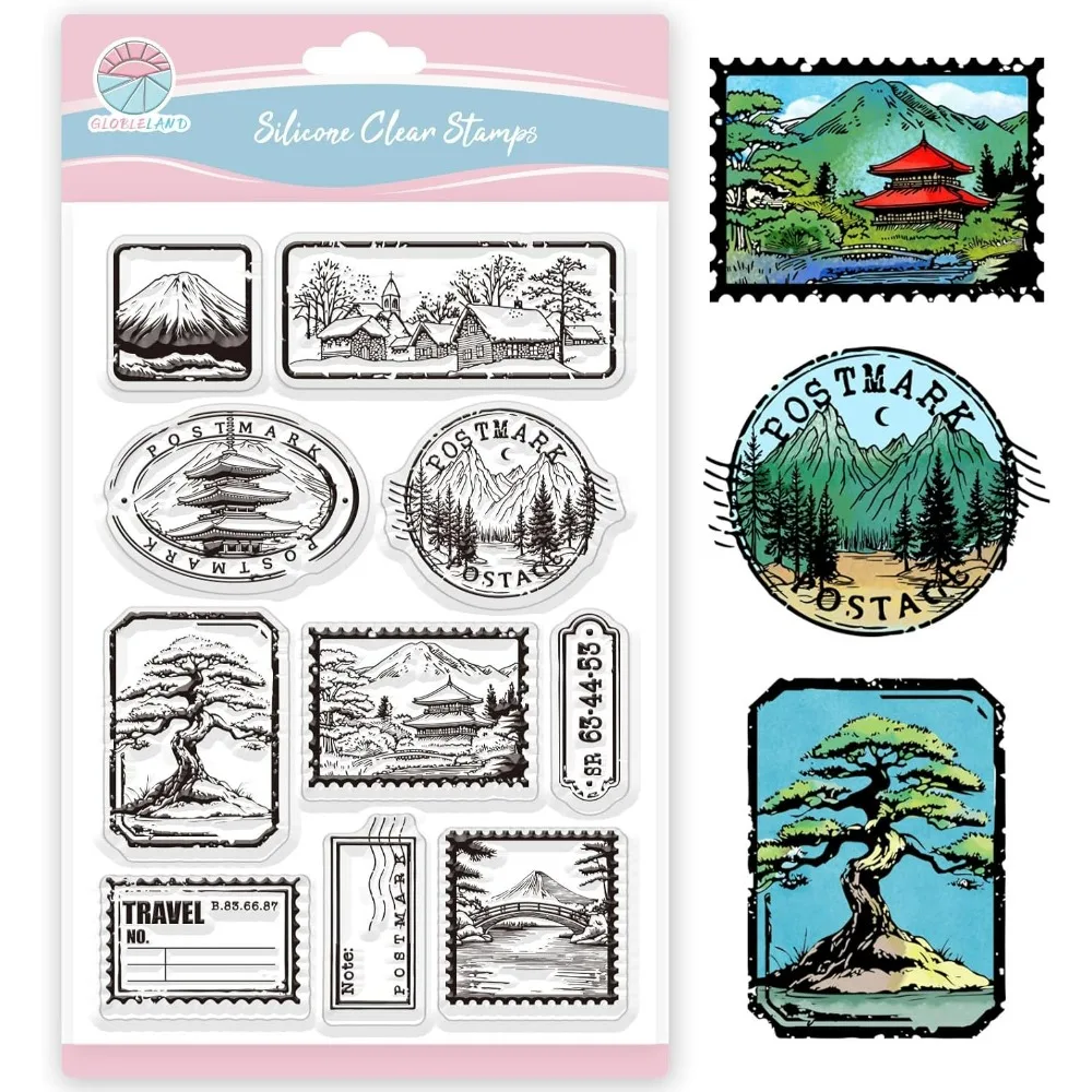 Landschaftsstempel, transparente Stempel für die Kartenherstellung, Mount Fuji, Hintergrund, Silikonstempel, Kiefernbäume, transparentes Stempelsiegel für Heimwerker