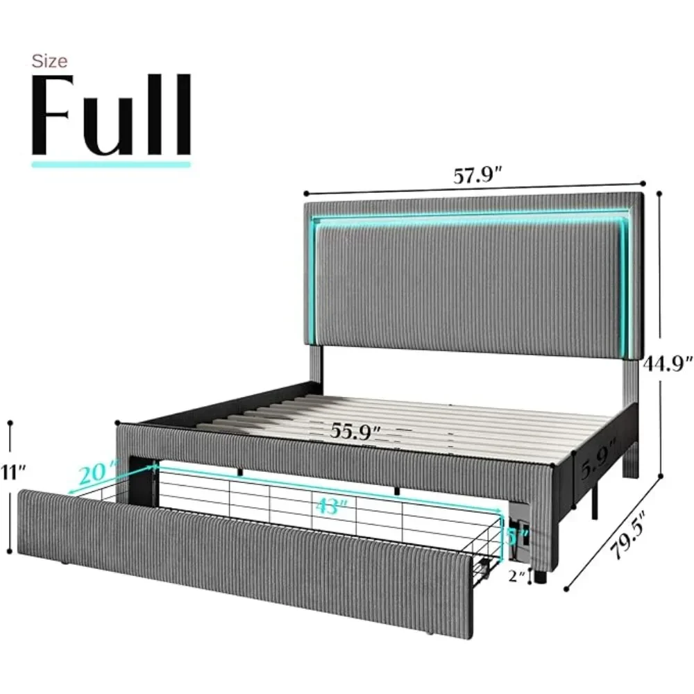 Full Size Bed Frame With LED Headboard & Storage Drawers, No Box Spring Needed, Corduroy Upholstered Platform Bed Frame