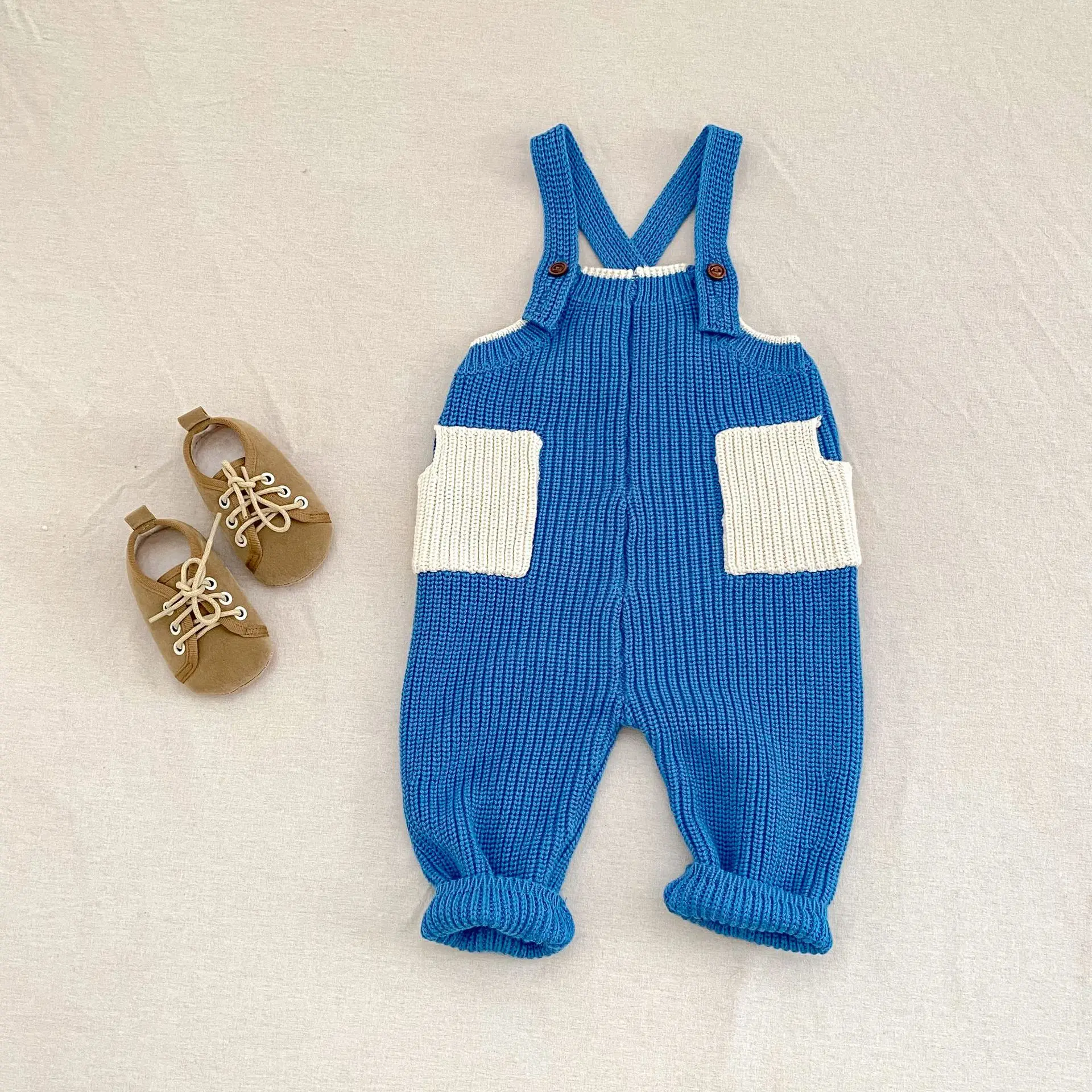 

​​2025 Korean Style Baby Knit Overalls Solid Color Unisex Denim Look Strap Pants Double Pocket Jumpsuit 0-24 Months