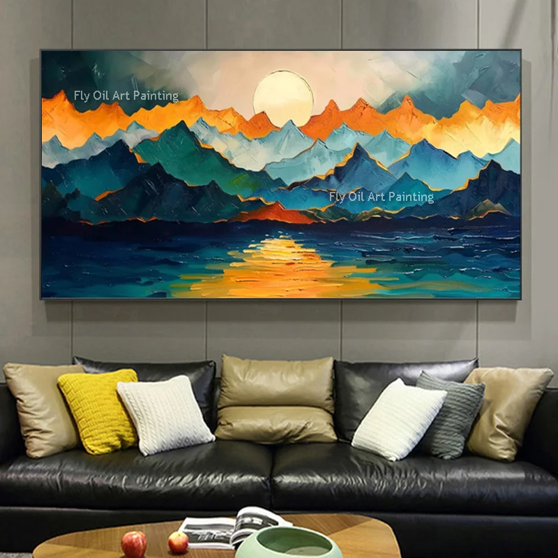 

Beautiful Moom Night Landscape Oil Painting Dark Blue Orange Yellow Mountain And Lake Thick Canvas Wall Art For Home Decor