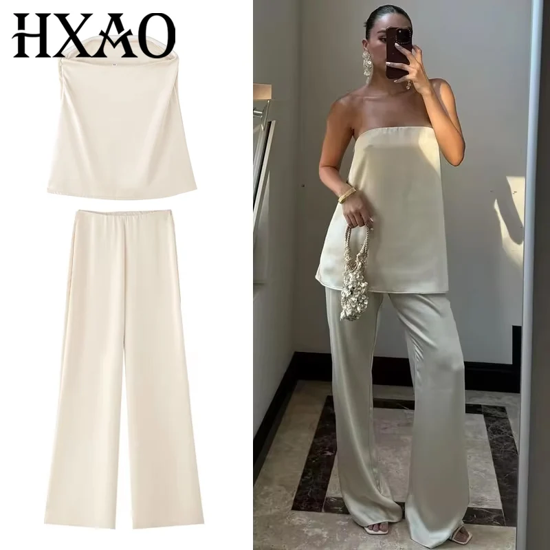 

HXAO Pant Sets Women's Two Pieces Set Strapless Tanks & Camis 2 Pieces Set Wide Pants Smooth Sets Crop Top And Bottom Set