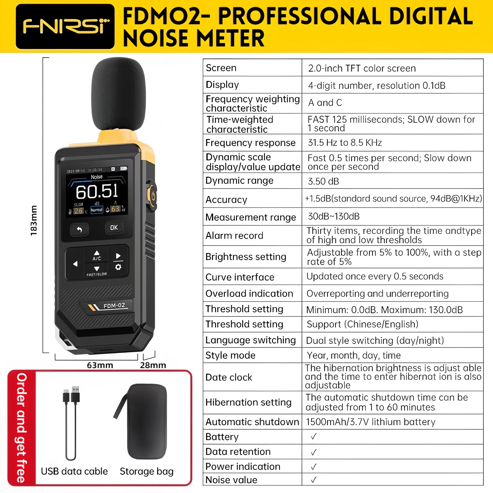 FNIRSI FDM-02 مقياس الضوضاء الرقمي عالي الدقة يده مستوى الصوت متر المهنية كاشف الصوت البيئة الصناعية