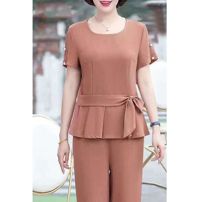 Two Piece Set Women 2024 Summer Korean Fashion Ruffle Bow Elegant Blouses Short Sleeve Solid Slim Tops High Waist Straight Pants