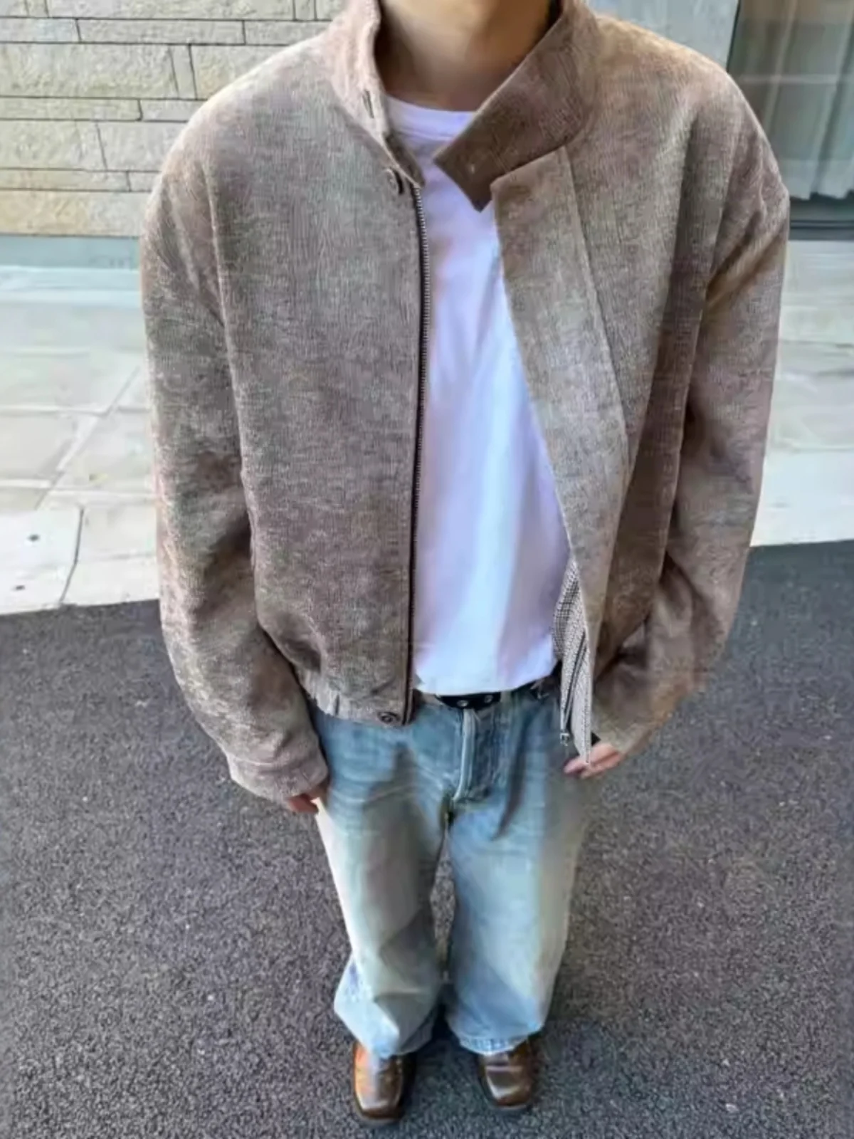 

Copper Ammonia Touch Feels Plaid Texture Harrington Jaet Men's Autumn Winter Design ort Stand Collar Trendy Outerwear