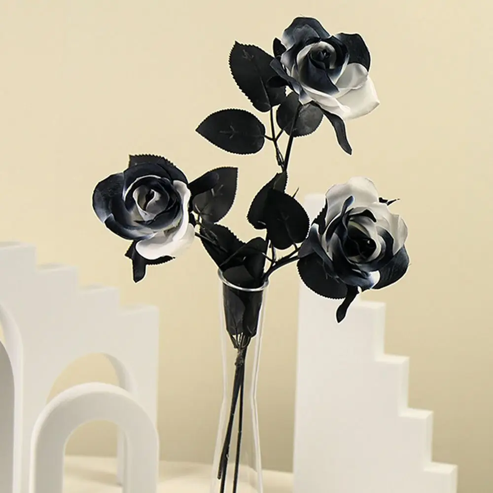 

Black White Halloween Artificial Rose Flowers Gothic Soft Silk Faux Flowers Non-Fading Real Touch Simulation Flowers