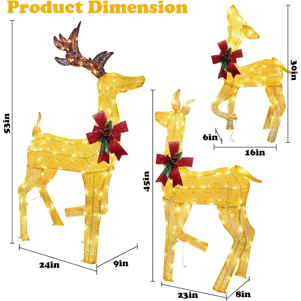 Deer Decor, Set of 3 Lighted Christmas Deer Decor with LED, Large Light Up Gold Reindeer Family Outdoor Christmas Decorations