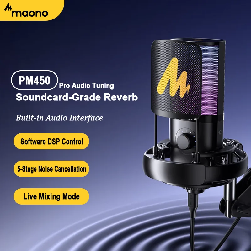 

MAONO PM450 USB-конденсаторный микрофон Studio-mic Поставляется с амортизационным креплением и программным обеспечением Идеально подходит для записи подкастинга Премиум-звук
