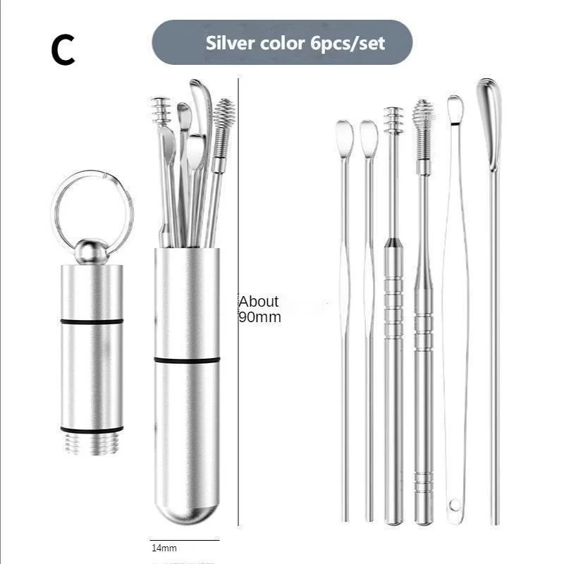 6/7/8Pcs Stainless Steel Ear Wax Pickers Set Portable Ear Cleaning Spoon Curette Wax Remover Tool For Home Ear Care