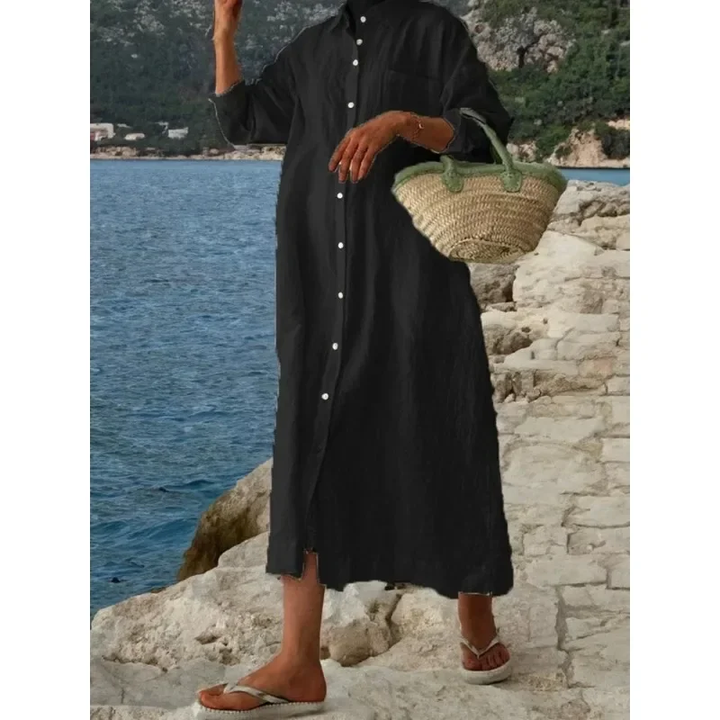 Women's L-5XL Plus Size Cotton Oversized Commuting Casual Solid Color Long Dress with A Lapel Collar Long Sleeves Loose Cardigan