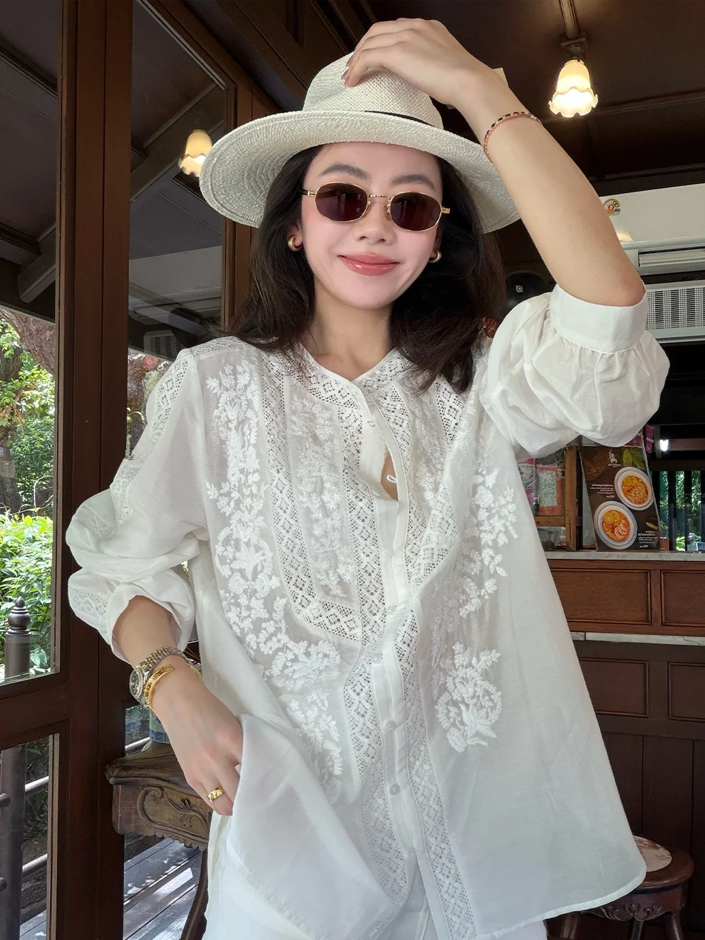 

Mannala Rose Embroidery Silk Cotton Shirt Casual Style round Neck Long Sleeve Women's Top Holiday Feel Q2648