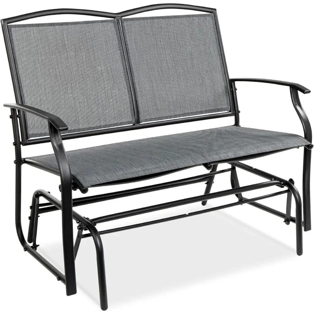 

2-Person Outdoor Patio Swing Glider Steel Bench Loveseat Rocker - Gray, Textilene Fabric for Deck & Porch