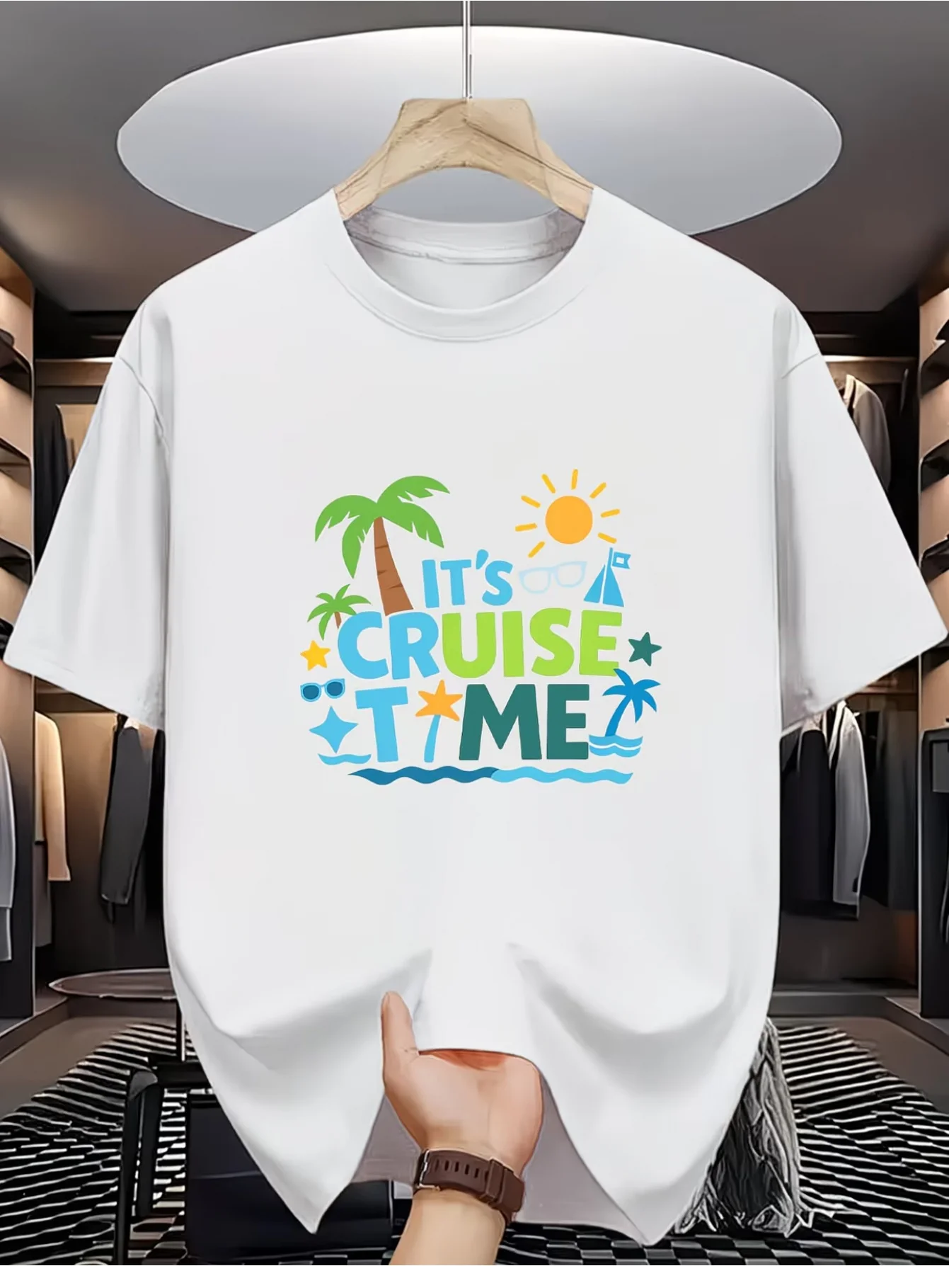 Cruise Time Men's T-shirt | Tropical Palm Tree Sunshine Ocean Print Design Quality Print Casual Fashion Round Neck Short Sleeve