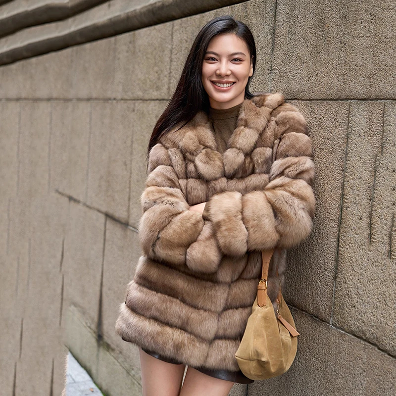 Ftangaiur Winter Import Russian Sable Fur Coat With Fur Hood Sable Coat Women Long Sleeve Short Natural Real Sable Fur Coats