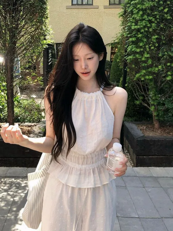 Belted Texture Sensation Sleeveless Neck Hanging Strap Top Women's Korean Style Inner Wear Casual Fashion Street Style