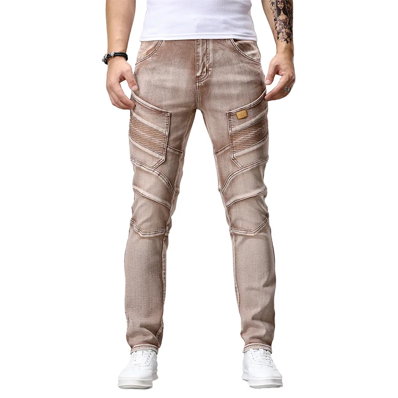 Мотоциклетные джинсы с дизайном сращивания, мужские маленькие ноги, уличные крутые ретро винтажные повседневные эластичные брюки