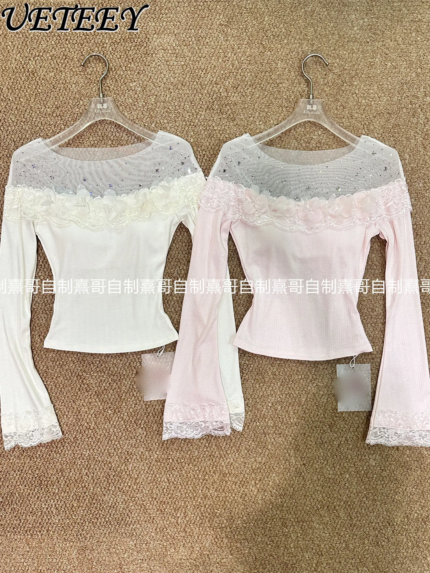 

High-End Mesh Rhinestone T-Shirt Base Shirt for Women Spring Pure Desire Hot Girl Slim Fit Versatile Atmosphere Elegant Top