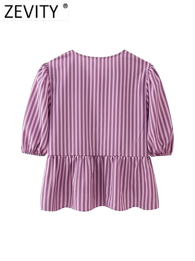 Zevity Women Sweet O Neck Pleat Puff Sleeve Striped Print Blouse Female Chic Bow Tied Lace Casual Ruffle Shirt Blusas Tops LS304