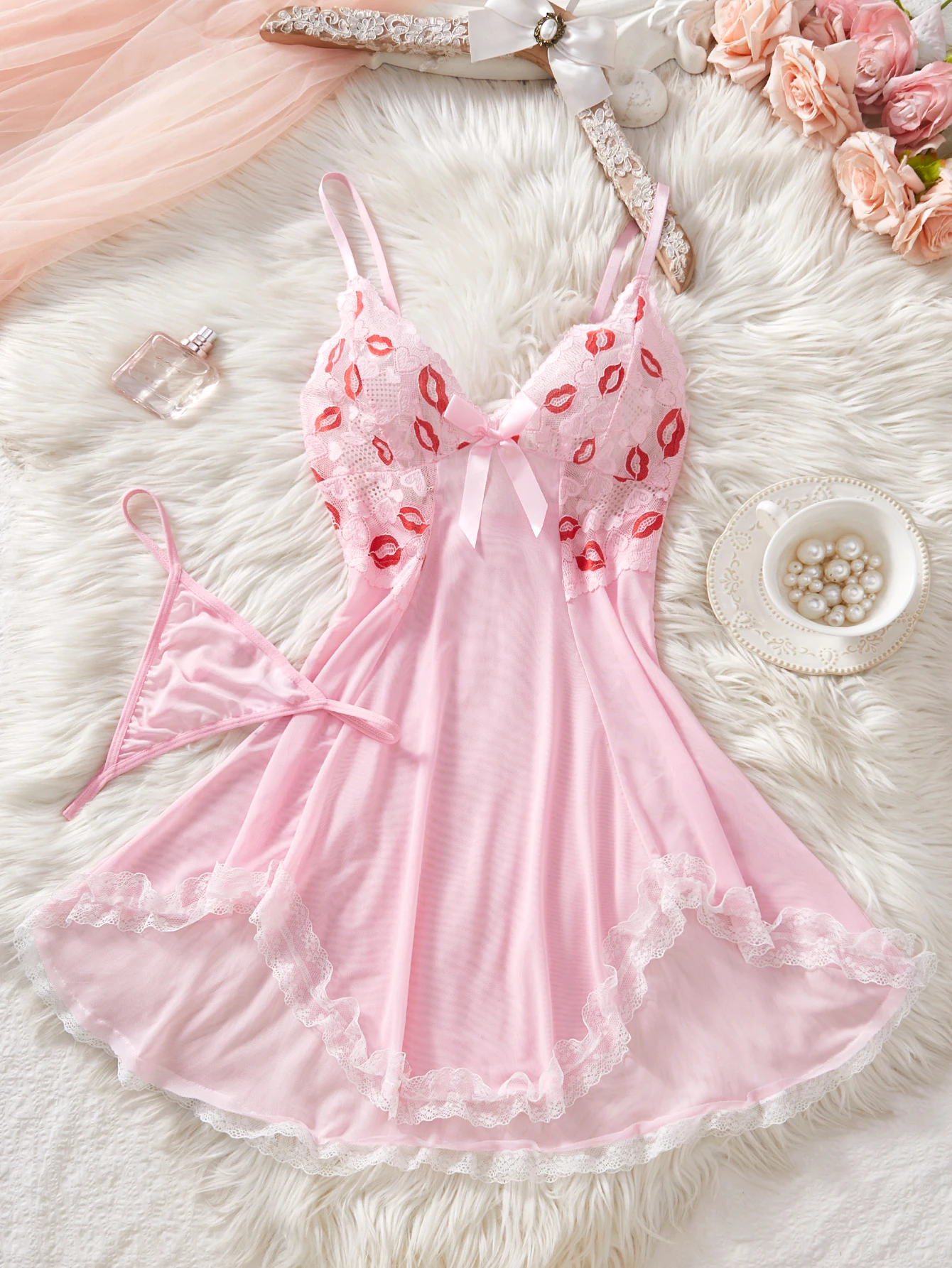 G-string & Nightgown Set For Woman Sexy Nightdress Ultra-thin Pink See-through Pajama Sets Lace Sleepwear Suspender Lingerie