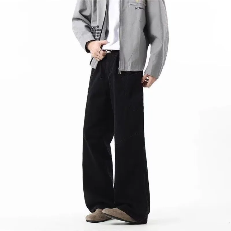 Men Casual Wide Leg Pants Loose Straight Cut Stitching Detail Long Trousers Streetwear Bot