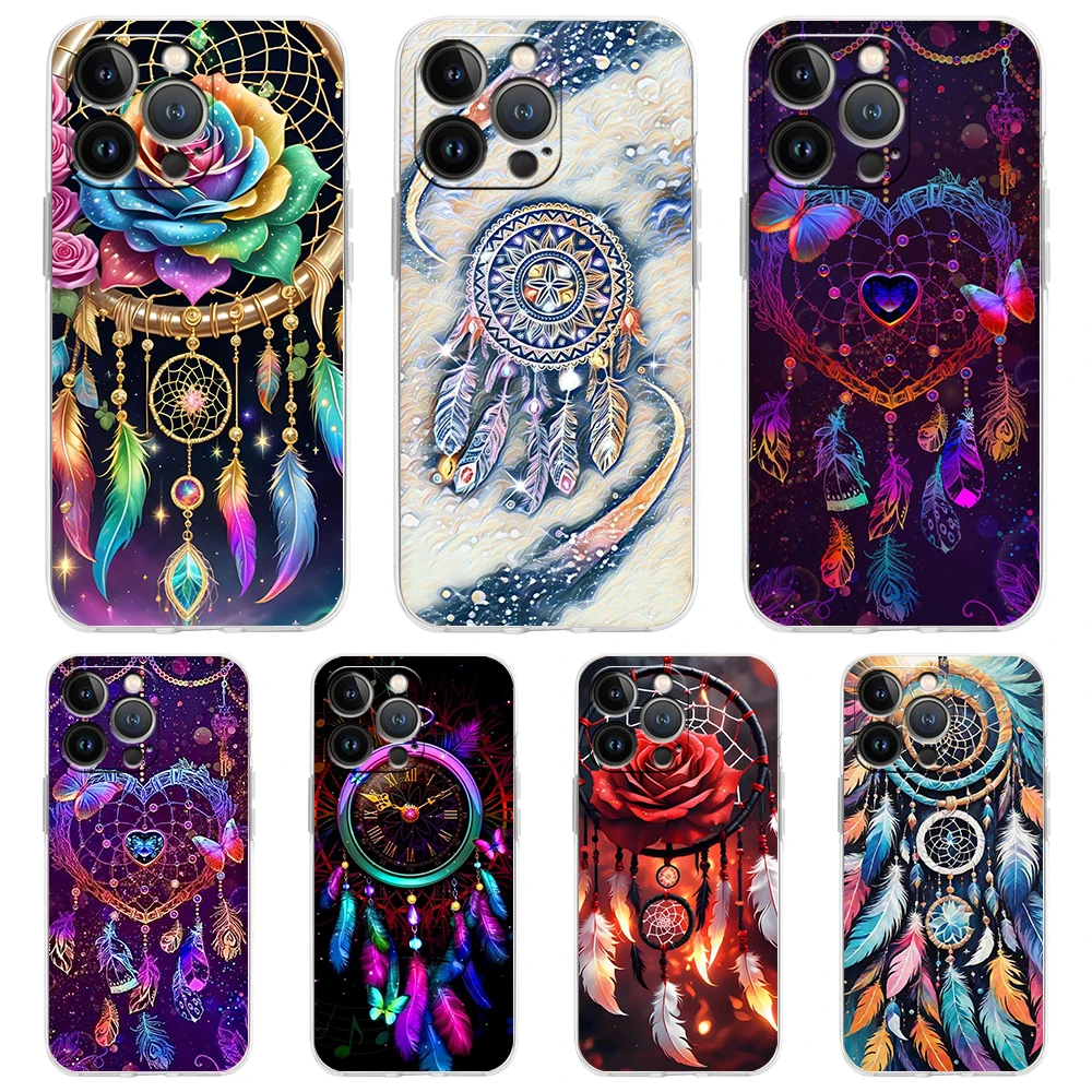 Soft TPU Transparent Phone Case Cover for iPhone 16 15 14 13 12 11 Pro Max XR 8 7 Plus XR Shell Mandala Dreamcatcher Pattern Bag
