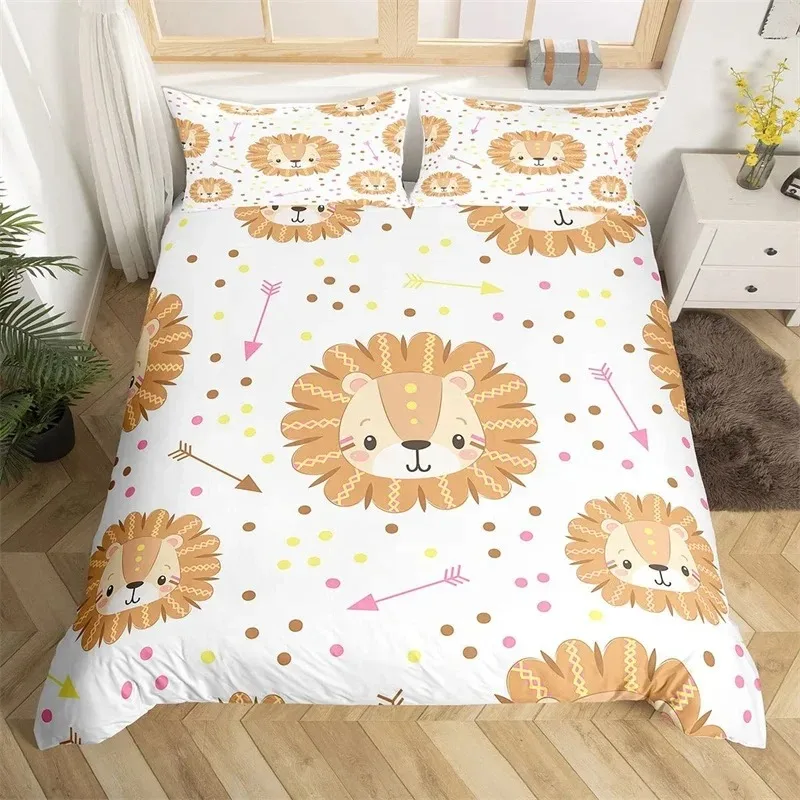 

Kawaii Lion пододеяльник Twin King для детей, комплект постельного белья с мультяшными животными для мальчиков и девочек, комплект постельного белья из микрофибры, тема диких животных, пододеяльник