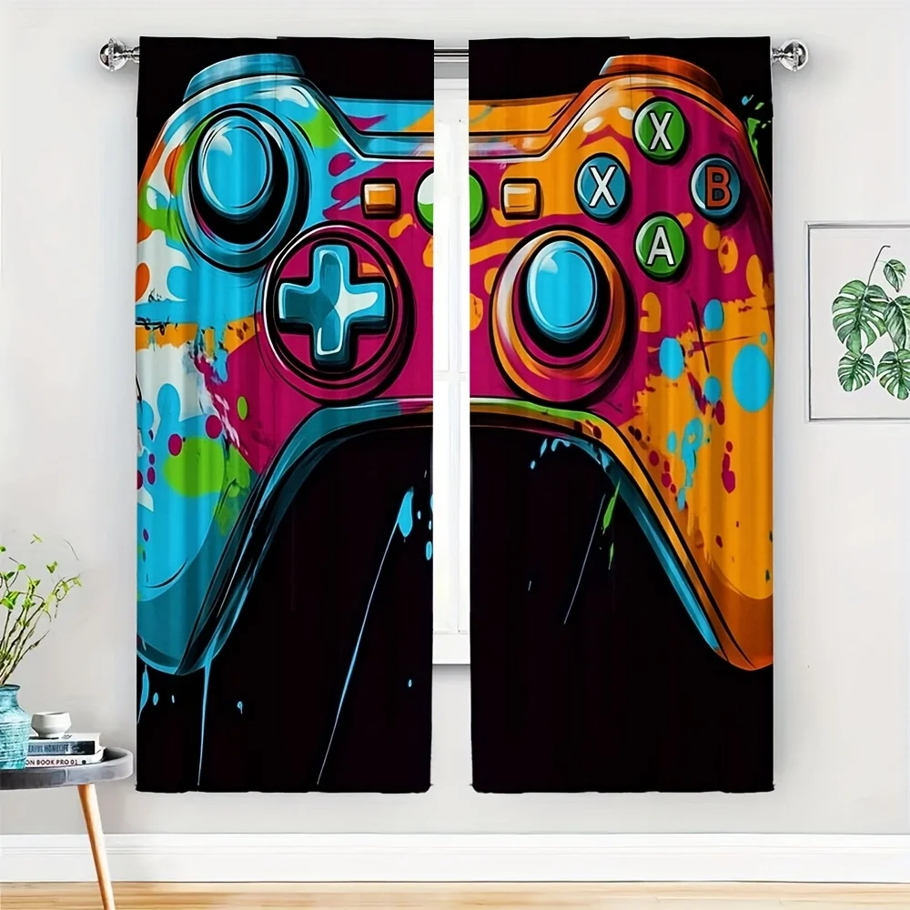 2PC Video Game Gamer Controller Curtains Pop Art Window Panel Man Cave Retro Arcade Decor Bright Curtain