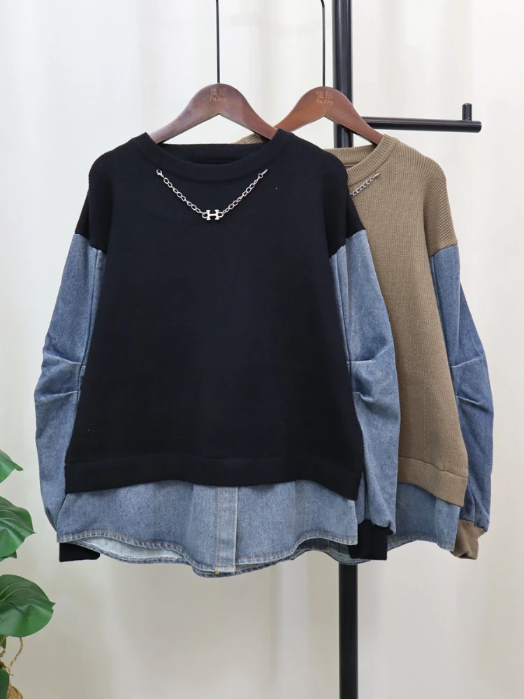 Autumn Winter New American Y2K Denim Stitching Knitwear Top Fashion Design Sense Loose Casual Fake Two-piece Sweater Women