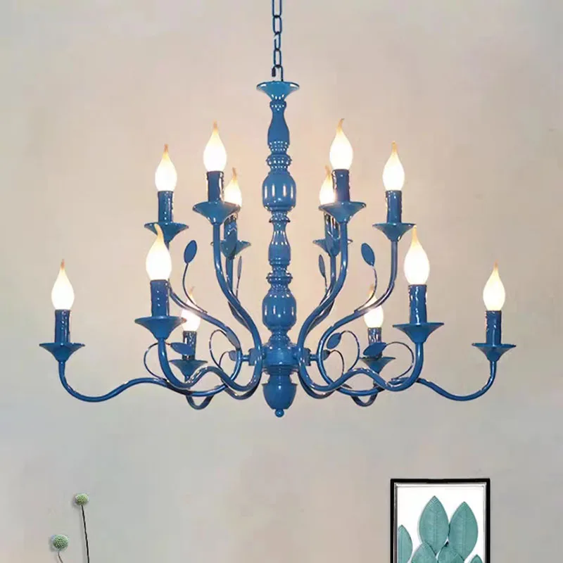 

Rustic Wrought Iron blue Chandelier E14 Candle lamp french Vintage Antique Hanging Light Living Room European Restaurant Lamp