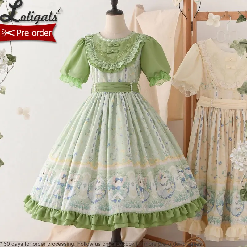Pre-order Sweet Short Sleeve Lolita Dress Printed Casual Party Dress ~ Lily of the Valley & Kitten by Strawberry Witch