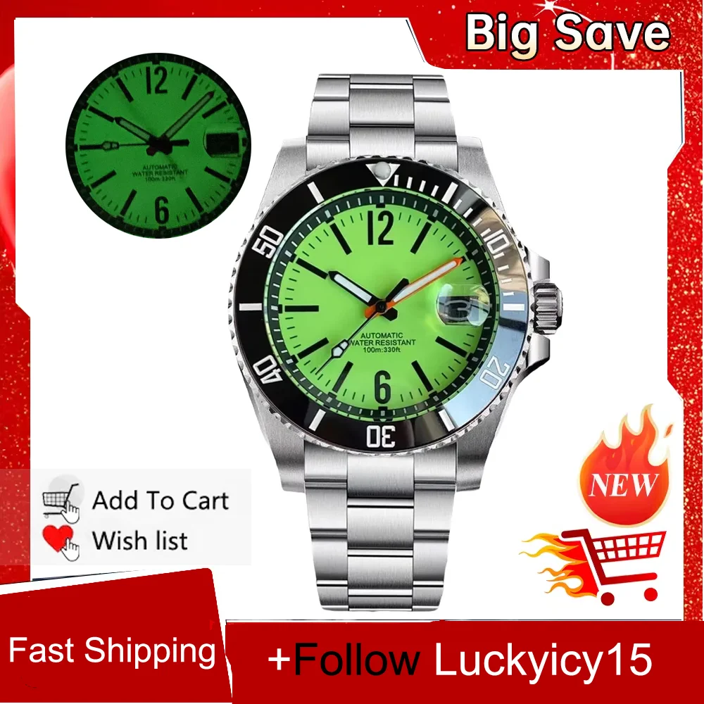 Green Dial Full Lume 40mm Tandorio NH35 Automatic Wristwatch for Men Date Display Cyclops Steel Bracelet Sapphire Crystal 20ATM