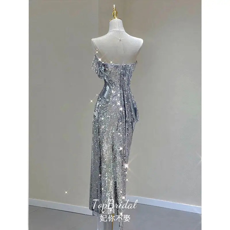 1Pc Ladies Exquisite Sequin Decorative Silver Evening Dress Elegant Temperament Fashion All-Match Light Luxury Strapless Dress