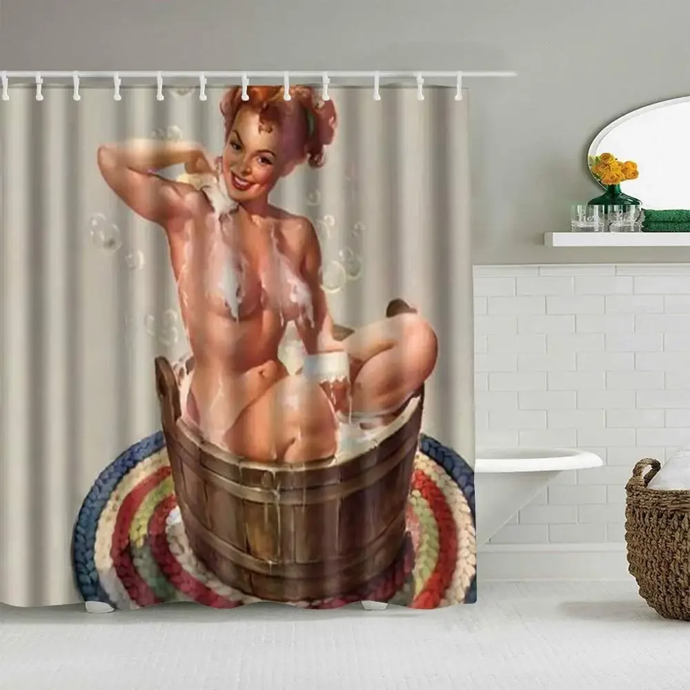 

Sexy Women Home Bathroom Decor Vintage Shower Curtain, Charming Pin Up Girl Beautiful Woman in The Bathtub