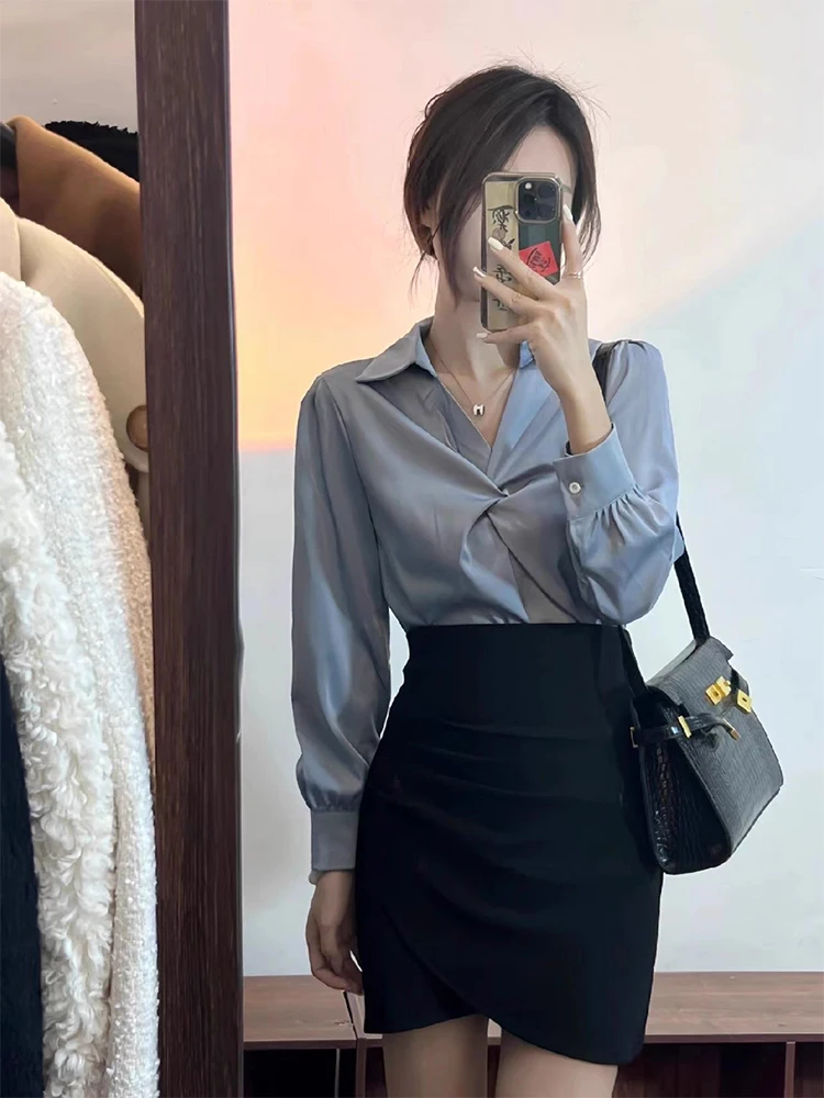 

Blue Satin V-Neck Women's Shirt Spring Autumn Professional Commuting Chiffon Top Layered Wear Inner Match Base Shirt Winter