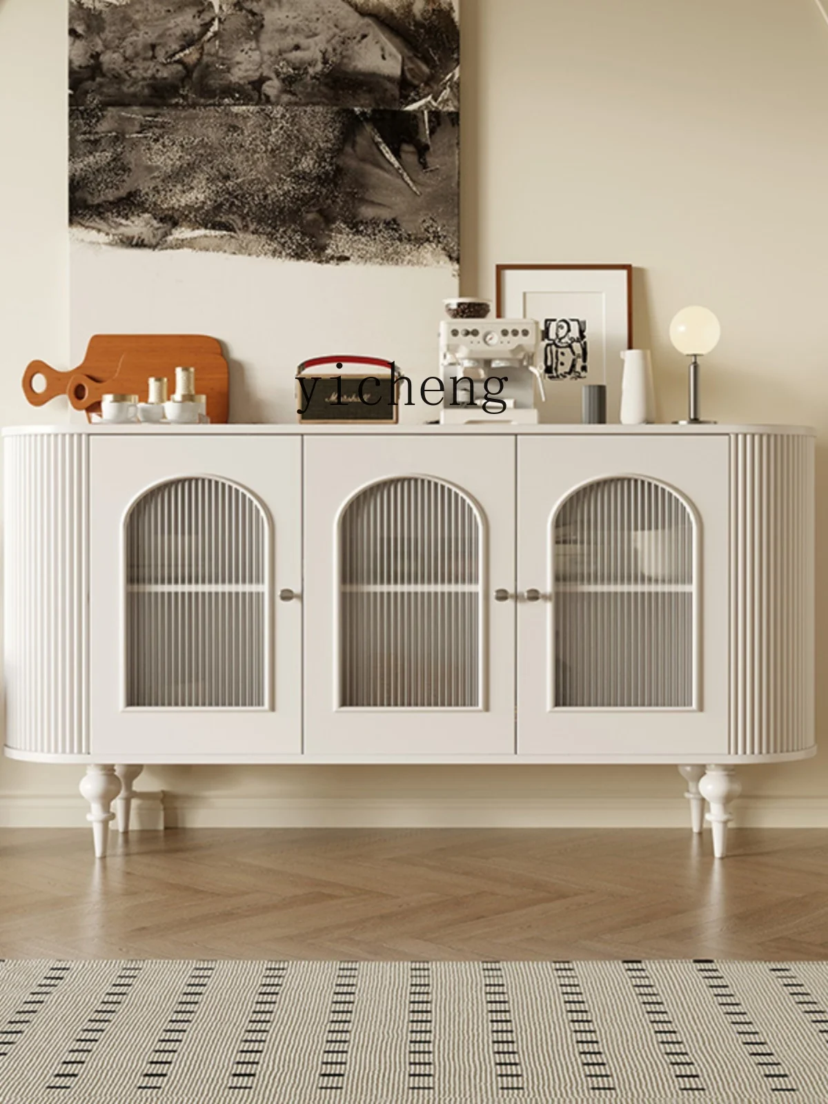 Cream Style Sideboard Cabinet Living Room Solid Wood Storage Changhong Glass Retro Four-Door Cabinet