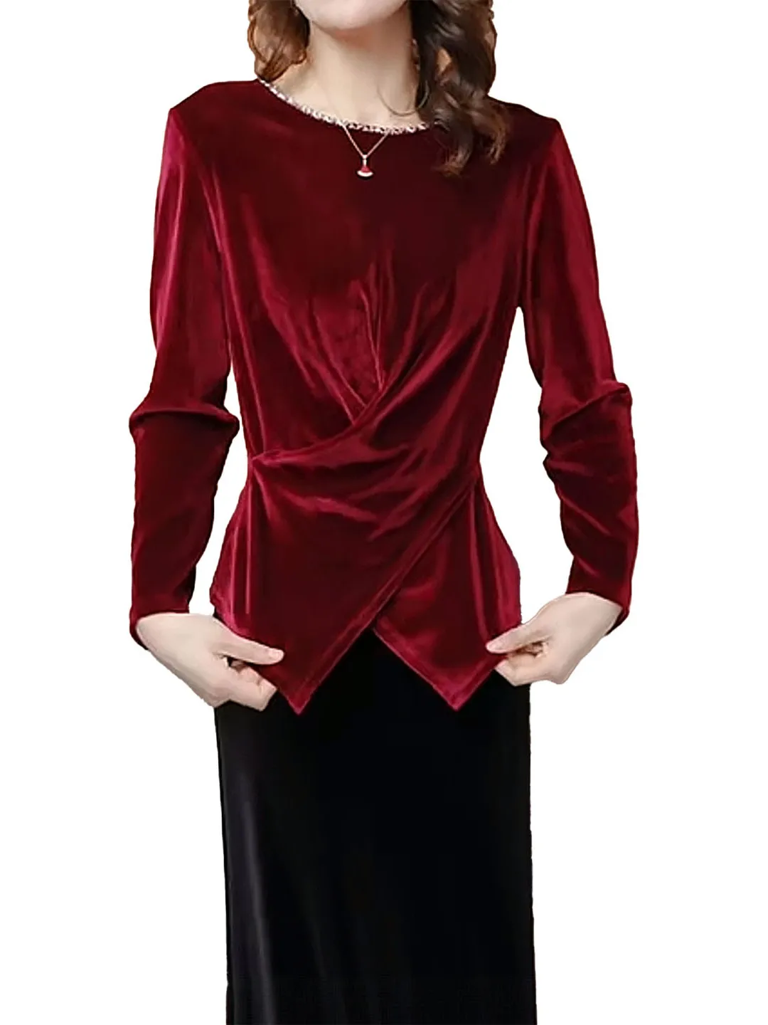 เสื้อยืดกำมะหยี่ผู้หญิง แฟชั่นประดับลูกปัด คอกลม แขนไขว้ ทรงสลิม ไซส์เล็ก เหมาะสำหรับใส่ทำงาน ฤดูใบไม้ร่วง รุ่นใหม่ล่าสุด