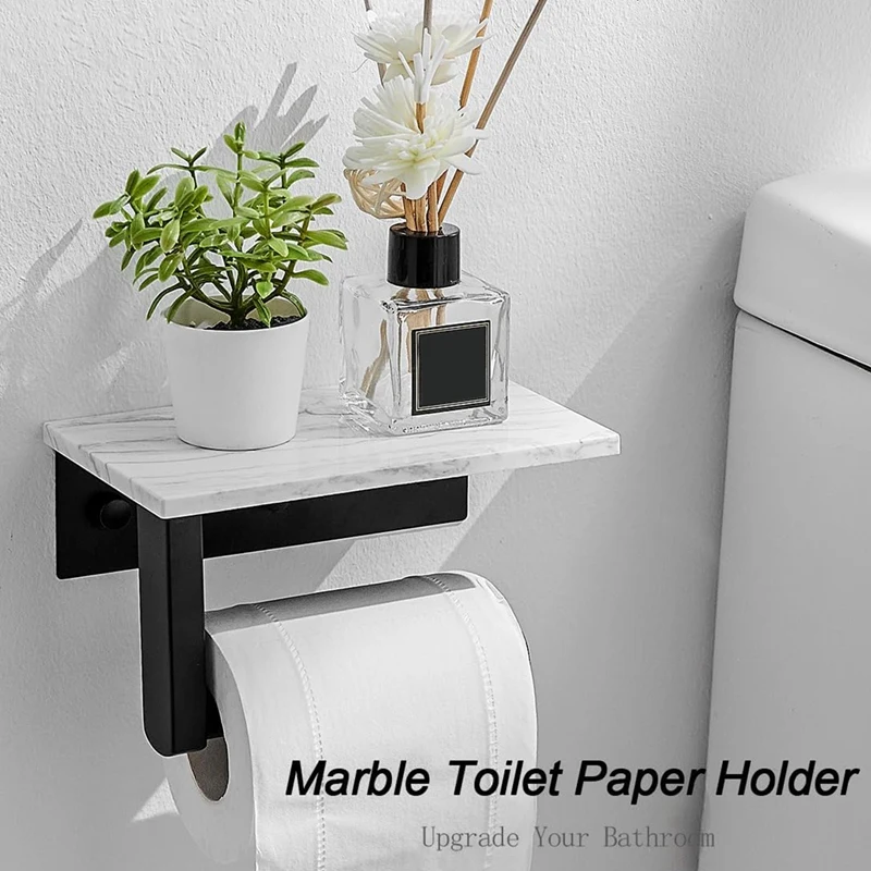 Marble Toilet Paper Holder With Shelf Toilet Paper Roll Holder Wall Mount For Bathroom Cabinet Decorative, Black Easy To Use