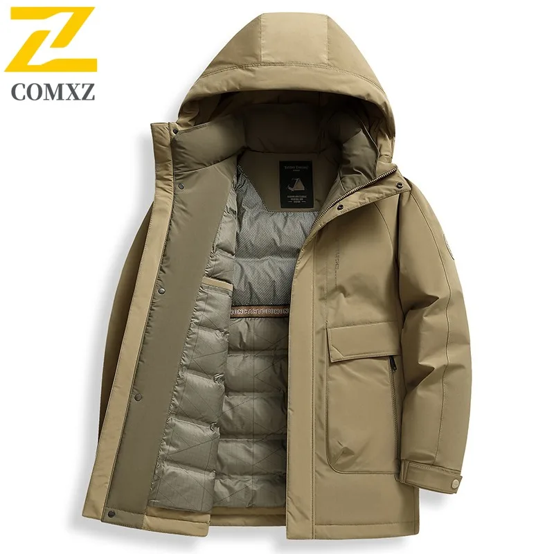 COMXZ-Chaqueta de plumón para hombre, abrigo informal con capucha para aventura al aire libre, resistente al frío, estilo callejero, prenda ligera de otoño e invierno