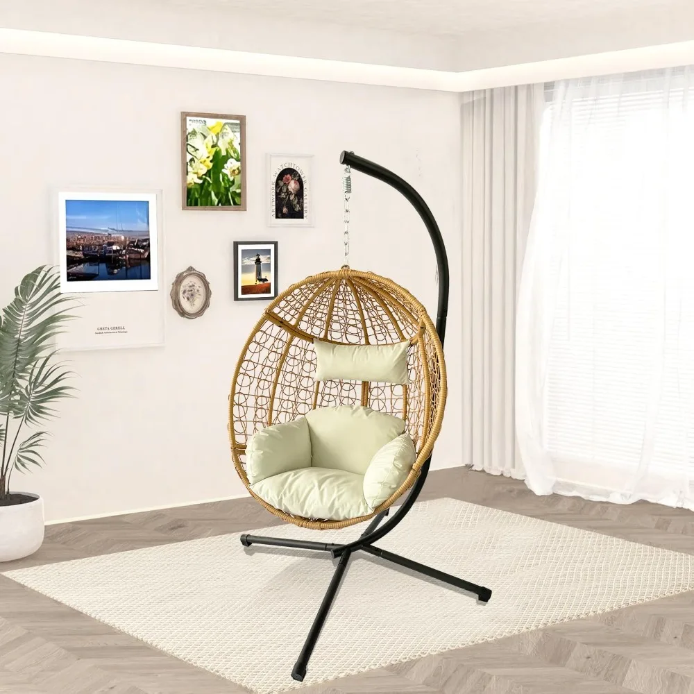 Adjustable Height Hanging Swing Egg Chair with Stand,Indoor/Outdoor Wicker Rattan Hammock Chair with Removable & Washable Cushio