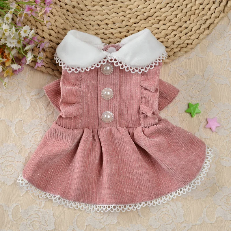 Elegant Princess Dress Dog Clothes Pearl Button Small Dogs Clothing Puppy Cat Dog Party Dress Up Winter Warm Pet Skirt Apparels