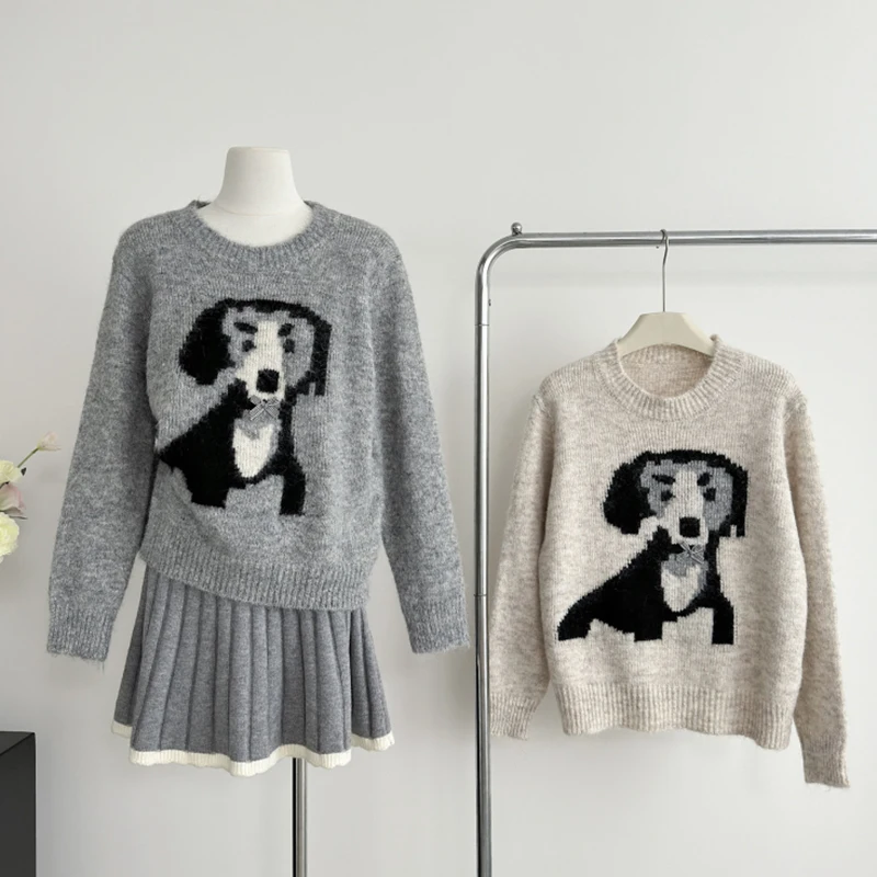 LUZHEN 2024 New Fashion Cute Dog Pattern Sweet Style Loose Knitted Pullover Women Stylish Round Neck Casual Sweater Tops AA2516