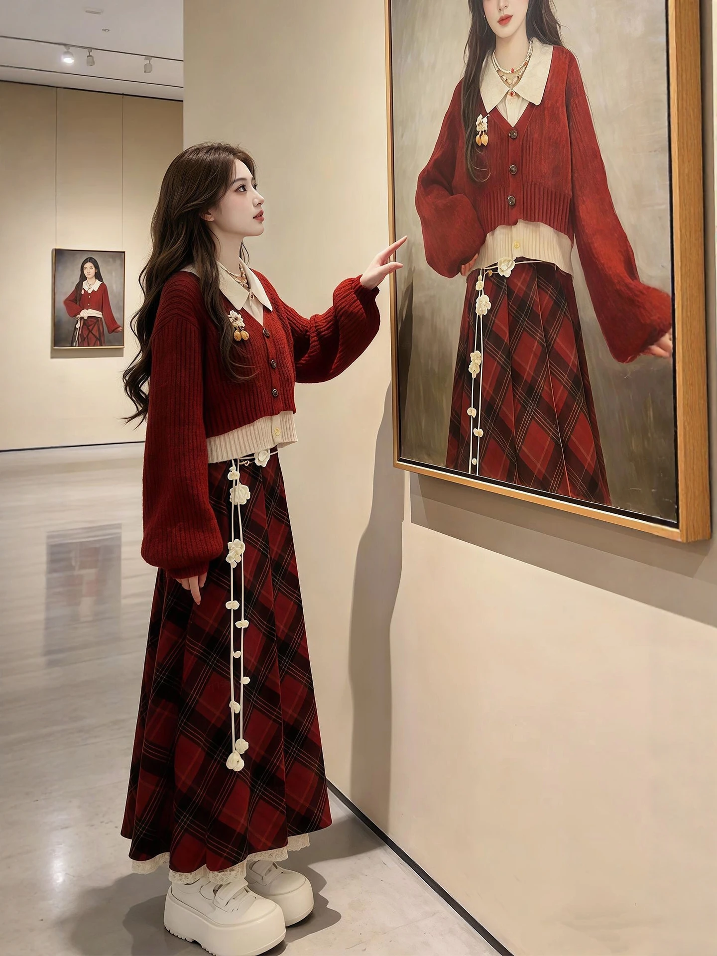 

Winter Faion plus Size Knitted Sweater Cardigan Plaid Skirt Set Women's New Year's Outfit Retro Sle Casual Wear