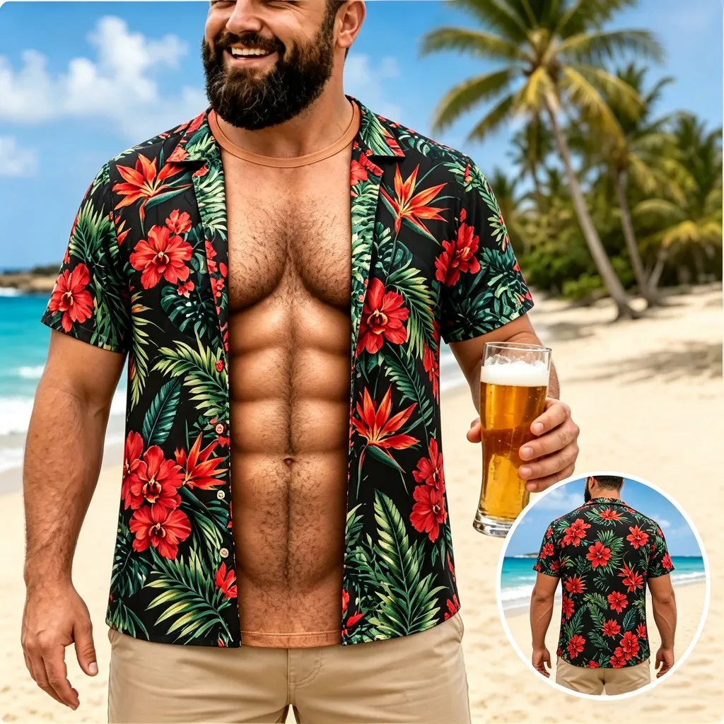 Men's Fun Muscle Illusion T-shirt 3D Printed Fake Hawaiian Open Front T-shirt Fun Sexy Family Fun Clothing