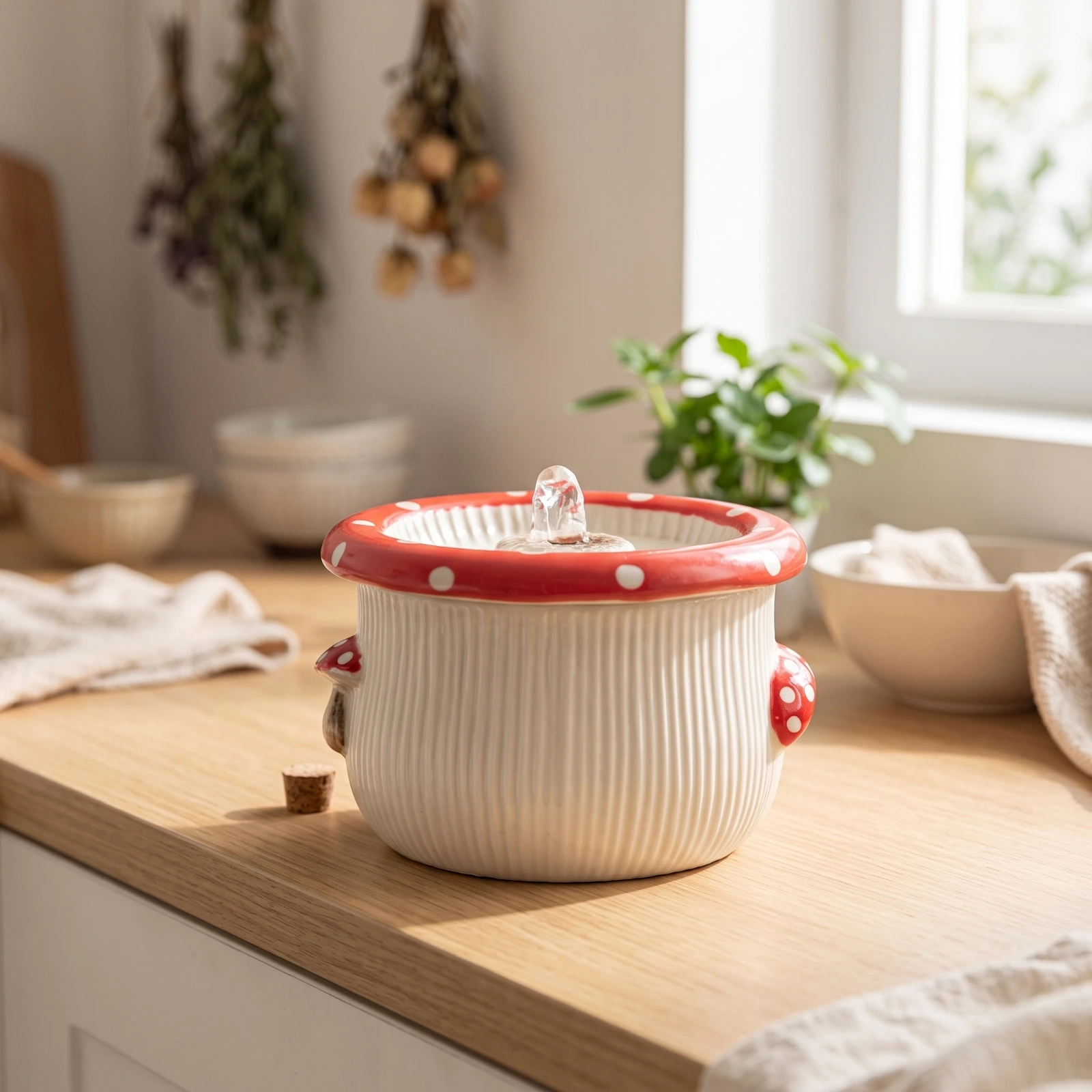 Tabletop Pet Water Fountain Ceramic Build Mushroom Accent Filtration Multicouche Fresh Water Flow Easy to Place Indoors