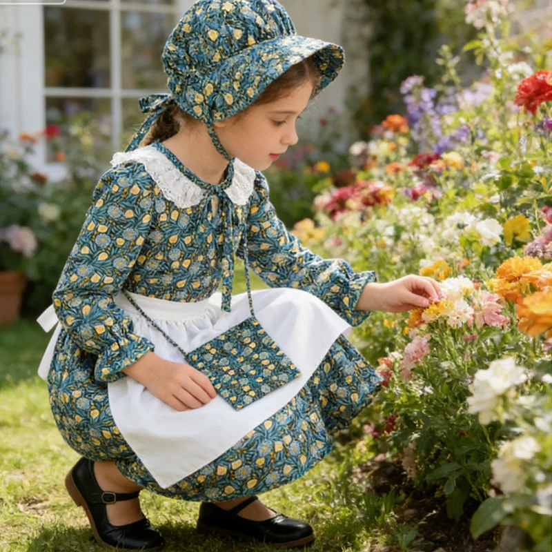 Girls Carnival White Costume Garden Maid Dress+Cap Vintage Dress Cosplay Costume Prairie Pioneer Princess Dress Birthday Dress