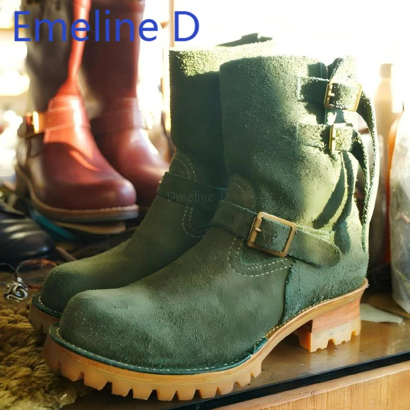 العسكرية الخضراء الجلد المدبوغ فارس الأحذية الرجعية مشبك معدني تصميم دراجة نارية الأحذية للرجال جولة تو منتصف الكعب أحذية قصيرة الساق #1