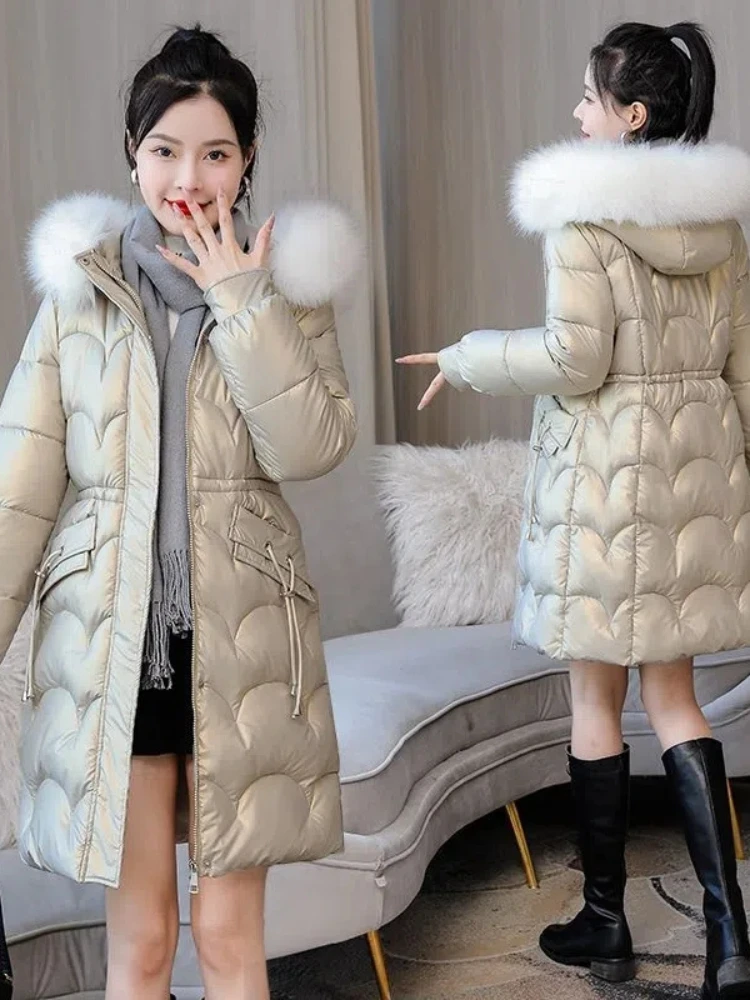 2023 New Winter Jacket Long Coats Women Parkas Fur Collar Hooded Glossy Down Cotton Jacket Warm Casual Cotton Padded Parka Coat