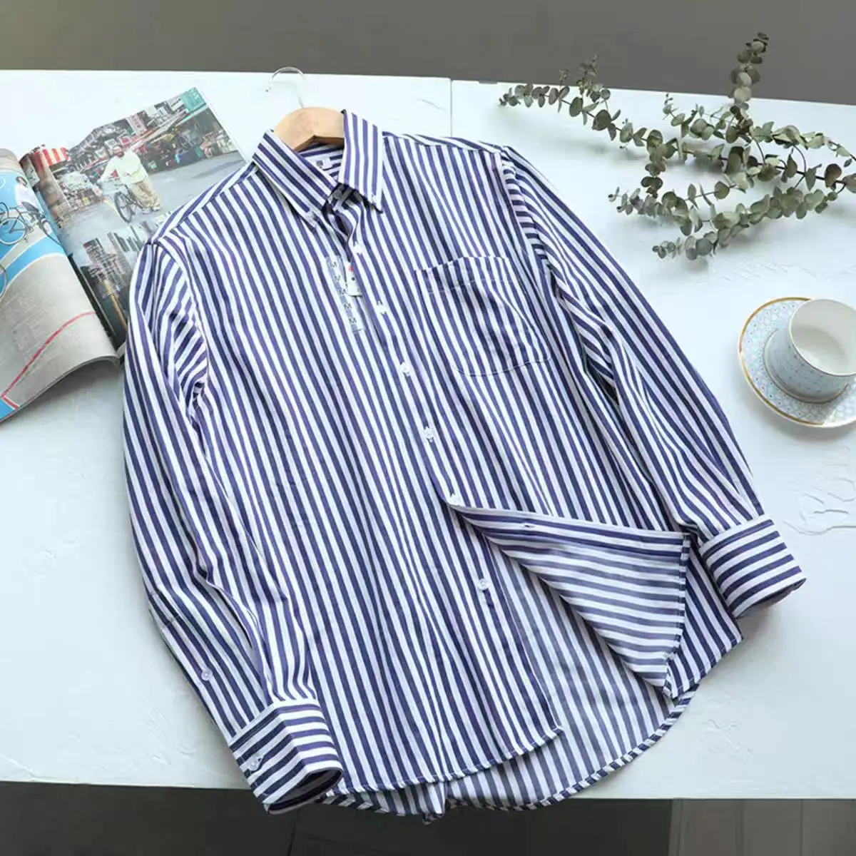 

Men's Premium Long Staple Cotton Striped Casual Loose Shirt Versatile Top Youth Trend Autumn Season Long Sleeve Button up