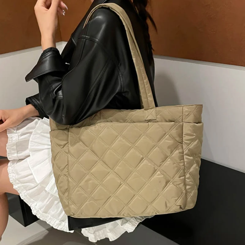 

Tiptoegirls Puffy Ruched Handbag for Women Lightweight Quilted Nylon Shoulder Bag Spacious Totes Plaid Thread Texture Design Bag