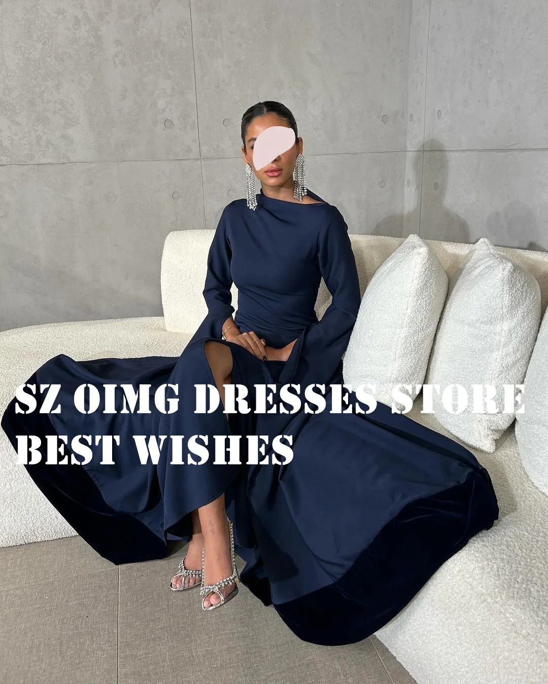 Oimg Marineblau Abschluss ball Kleid Arabisch lange Ärmel geraffte Scheide Satin rücken frei Sweep Zug Frauen Abendkleider formelle Party kleid