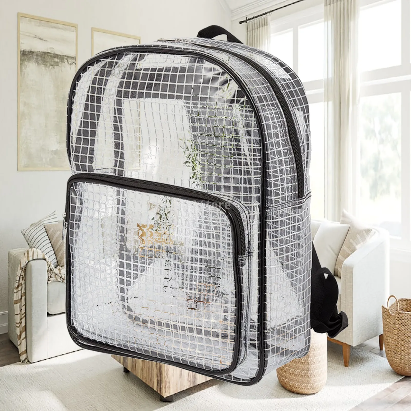 See Through PVC Rucksack Anti Static Mesh Backpack with Padded Laptop Sleeve for 17 Inch Notebook Work Commute School Bag